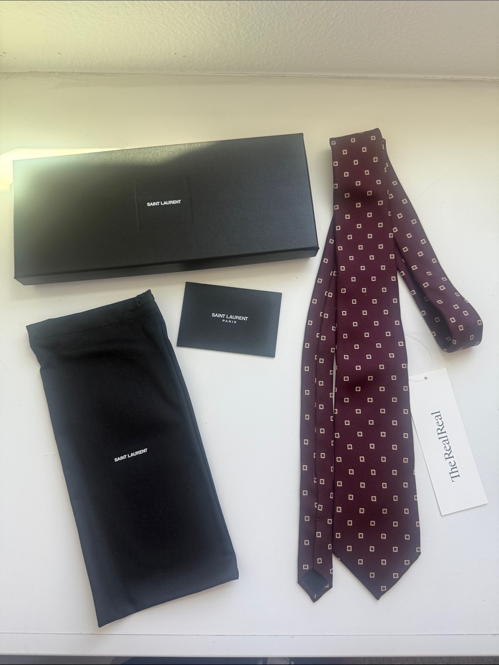 Saint Laurent Burgundy Silk Tie with Ivory Square Motif